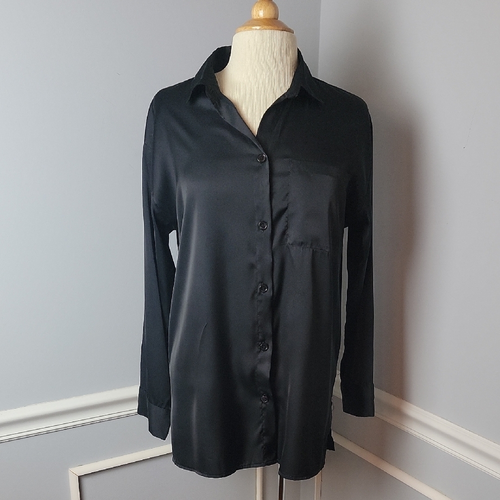 STARS ABOVE Black Satin Silky Office Professional Oversized Button Up Blouse S